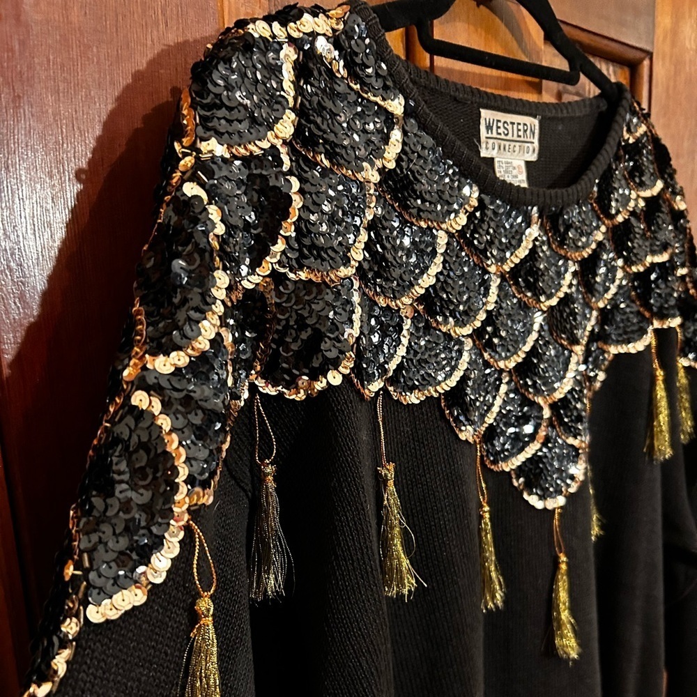 Vintage Western Connection sequined tassel black sweater size L - Picture 4 of 15